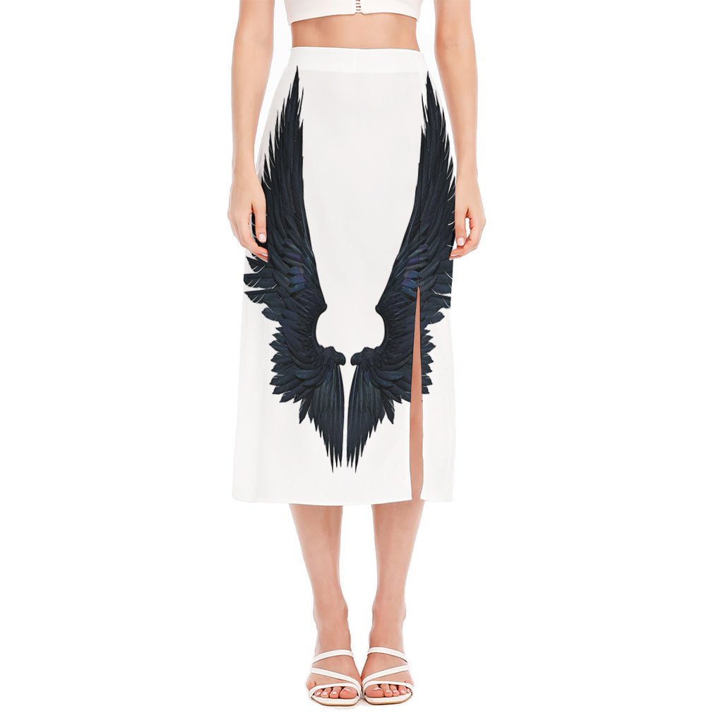 Black Demon Wings Print Side Slit Midi Skirt