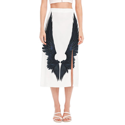 Black Demon Wings Print Side Slit Midi Skirt