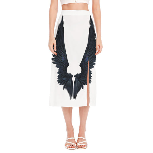 Black Demon Wings Print Side Slit Midi Skirt