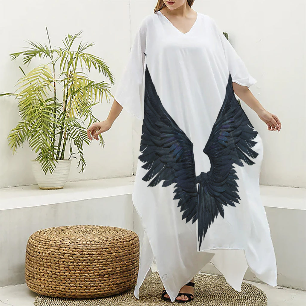 Black Demon Wings Print Silk V-Neck Kaftan Dress