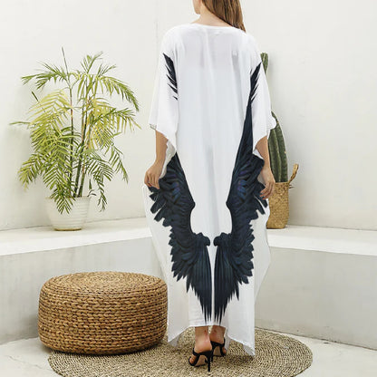 Black Demon Wings Print Silk V-Neck Kaftan Dress