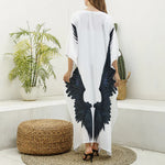 Black Demon Wings Print Silk V-Neck Kaftan Dress