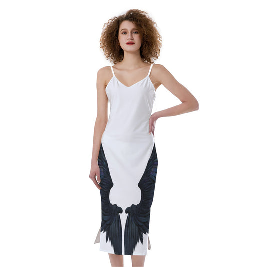 Black Demon Wings Print Slim Fit Midi Cami Dress