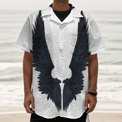 Black Demon Wings Print Textured Short Sleeve Shirt