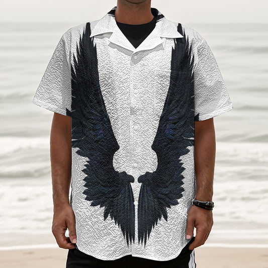 Black Demon Wings Print Textured Short Sleeve Shirt