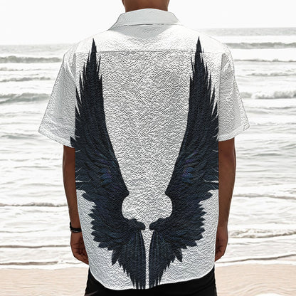 Black Demon Wings Print Textured Short Sleeve Shirt