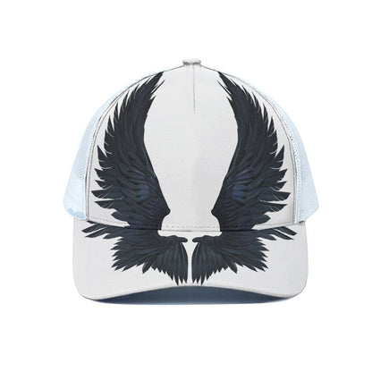 Black Demon Wings Print White Mesh Trucker Cap