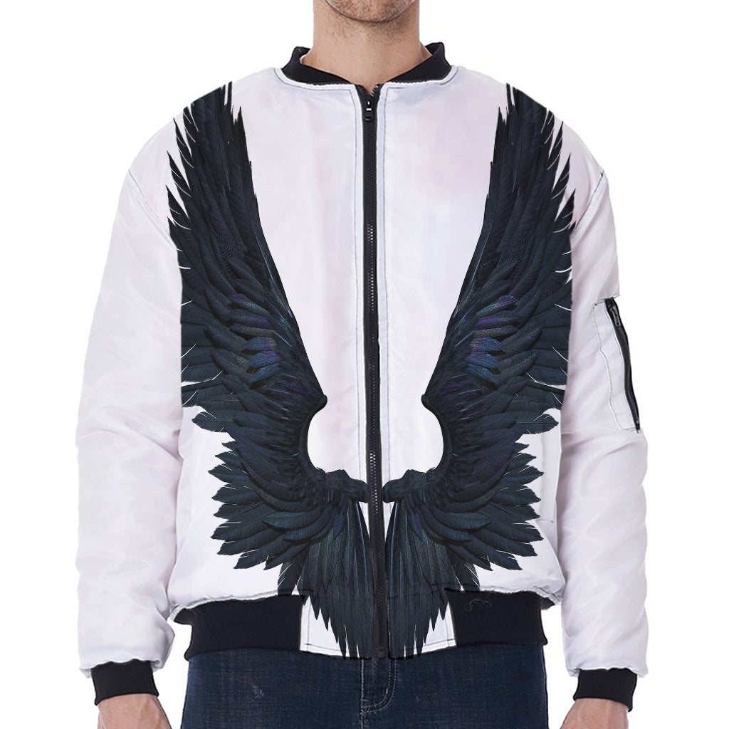 Black Demon Wings Print Zip Sleeve Bomber Jacket