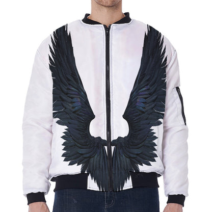 Black Demon Wings Print Zip Sleeve Bomber Jacket