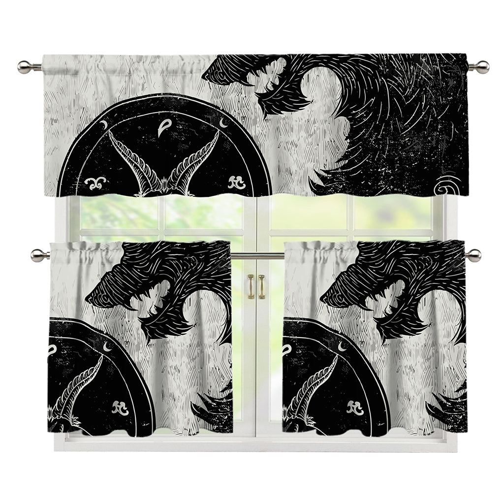 Black Demon Wolf Print 3 Piece Kitchen Curtains