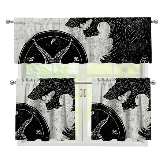 Black Demon Wolf Print 3 Piece Kitchen Curtains