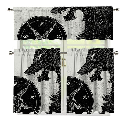 Black Demon Wolf Print 3 Piece Kitchen Curtains
