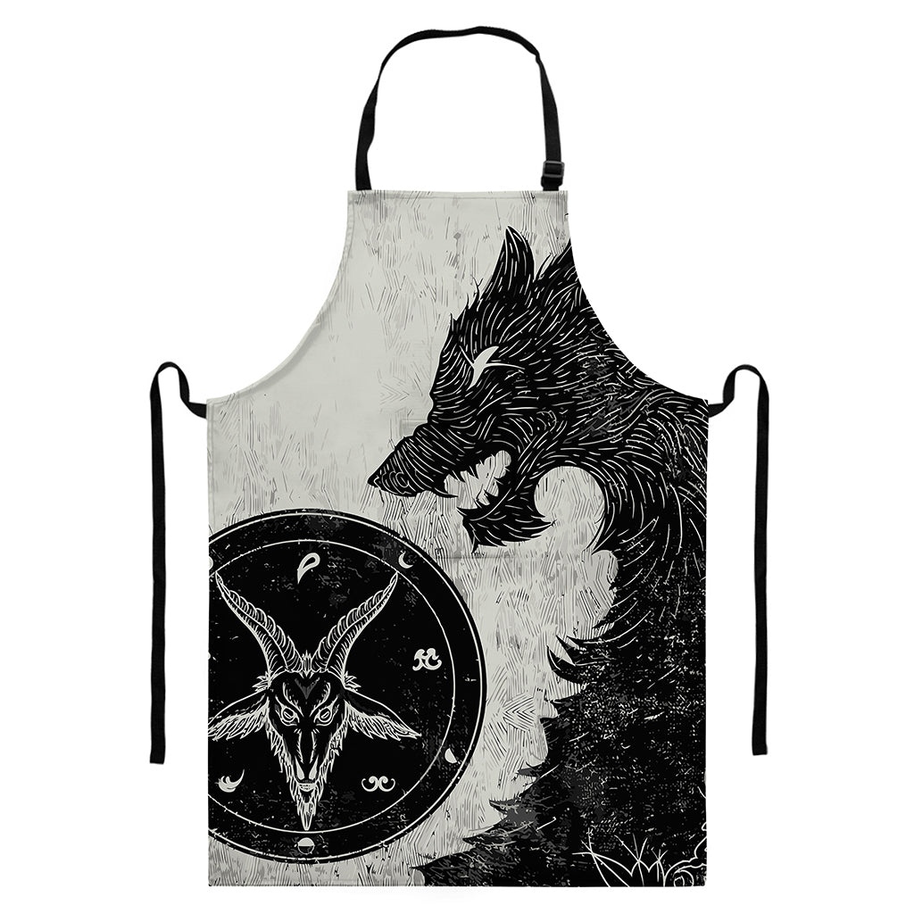 Black Demon Wolf Print Bib Apron With Pocket