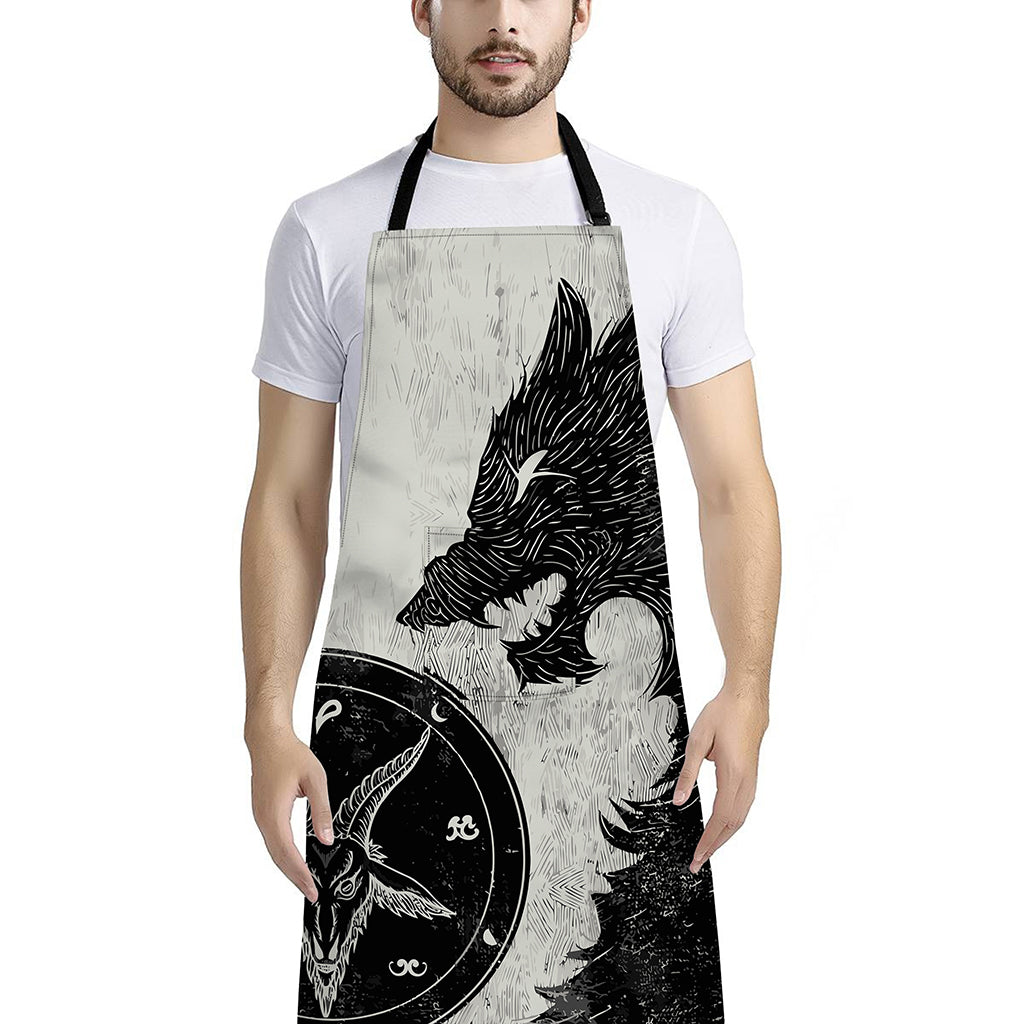 Black Demon Wolf Print Bib Apron With Pocket