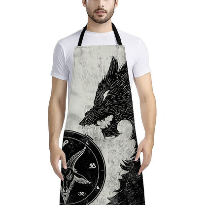 Black Demon Wolf Print Bib Apron With Pocket