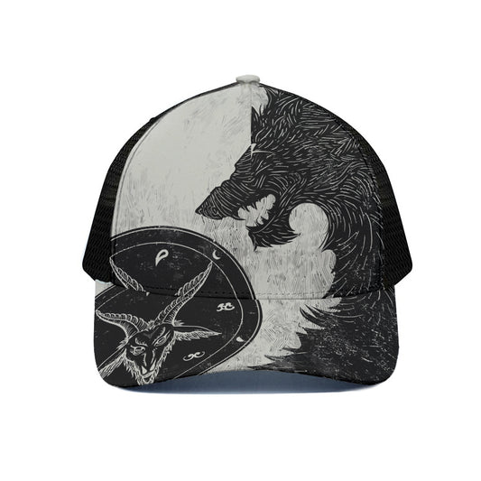 Black Demon Wolf Print Black Mesh Trucker Cap
