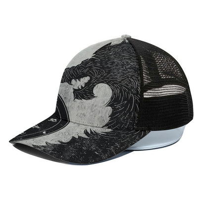Black Demon Wolf Print Black Mesh Trucker Cap