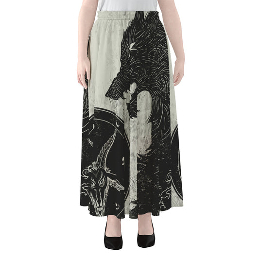 Black Demon Wolf Print Chiffon Maxi Skirt