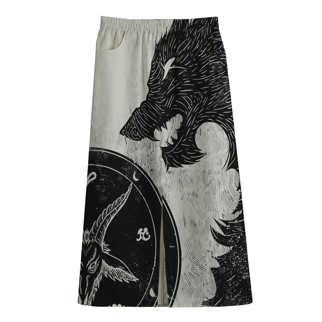 Black Demon Wolf Print Cotton Front Slit Maxi Skirt
