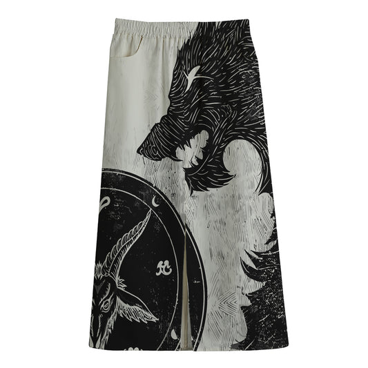 Black Demon Wolf Print Cotton Front Slit Maxi Skirt