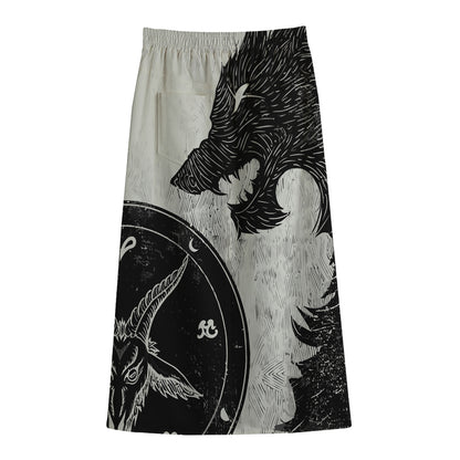 Black Demon Wolf Print Cotton Front Slit Maxi Skirt