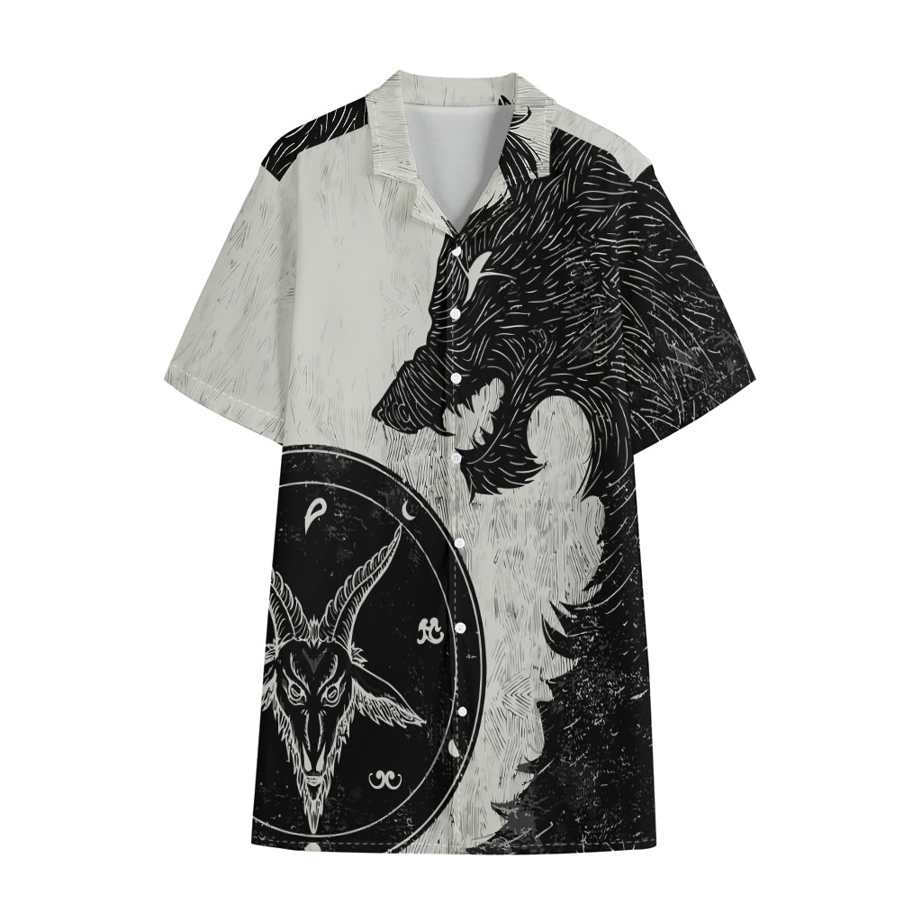 Black Demon Wolf Print Cotton Hawaiian Shirt