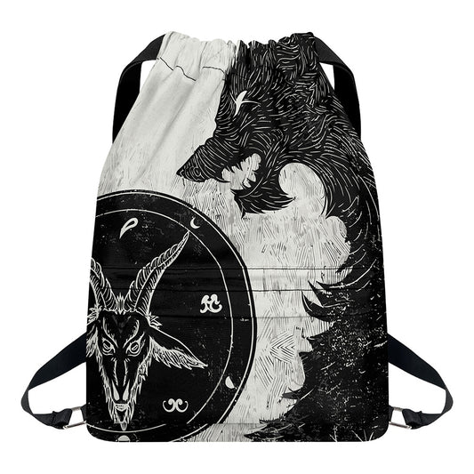 Black Demon Wolf Print Drawstring Backpack
