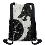 Black Demon Wolf Print Drawstring Backpack