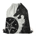 Black Demon Wolf Print Drawstring Bag