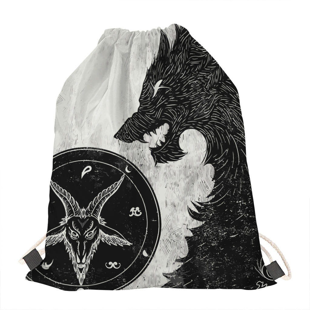 Black Demon Wolf Print Drawstring Bag