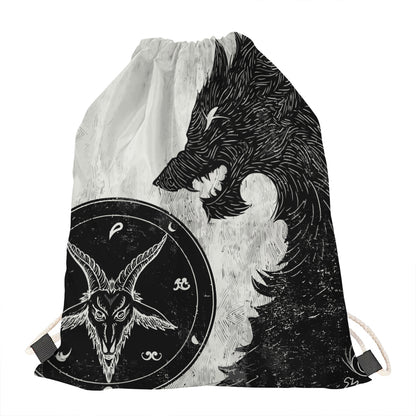 Black Demon Wolf Print Drawstring Bag