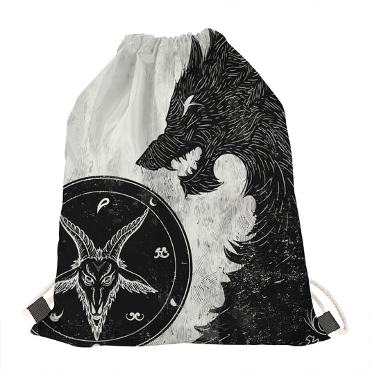 Black Demon Wolf Print Drawstring Bag