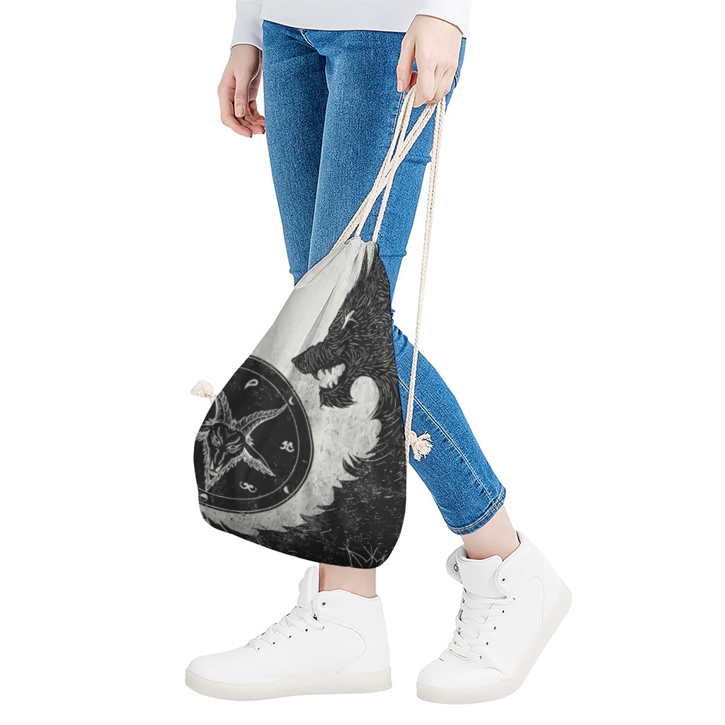 Black Demon Wolf Print Drawstring Bag