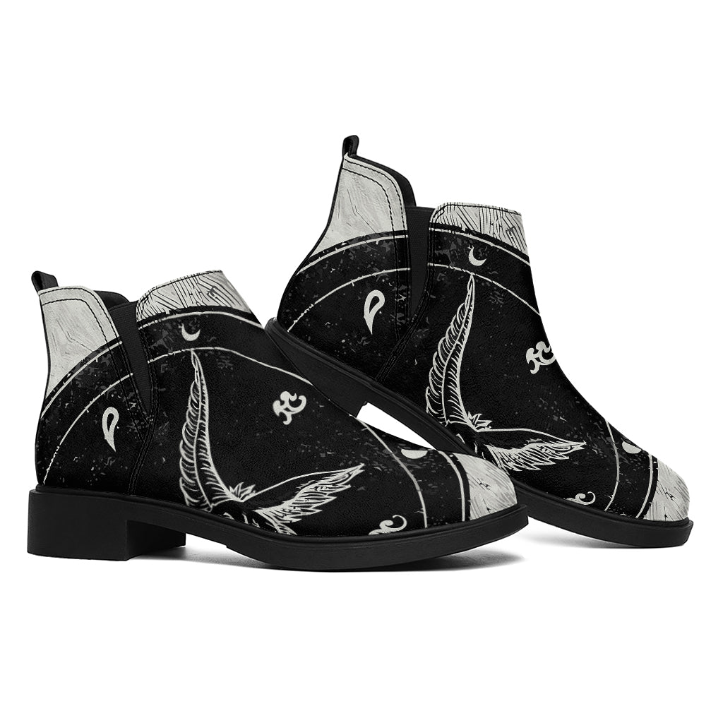 Black Demon Wolf Print Flat Ankle Boots