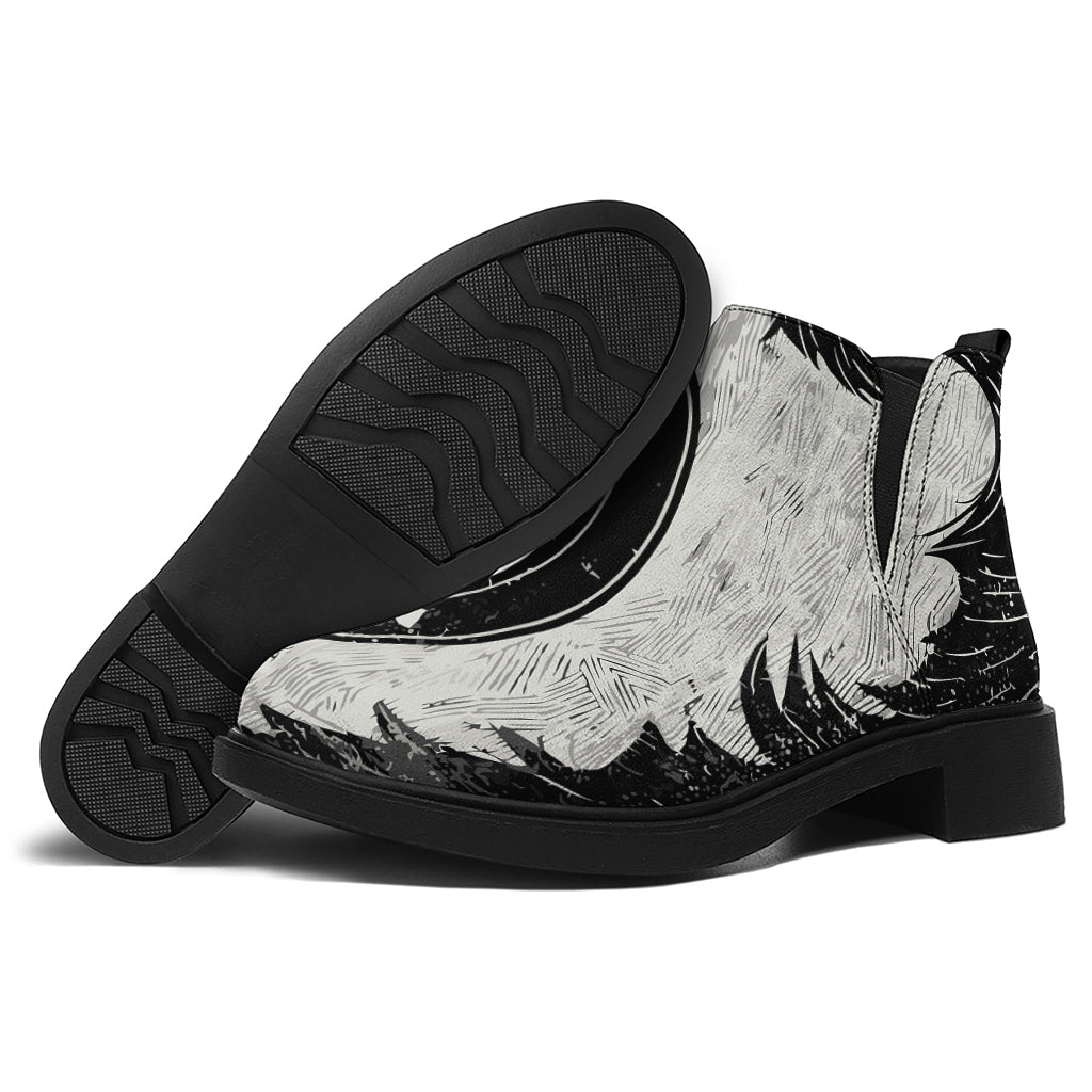 Black Demon Wolf Print Flat Ankle Boots