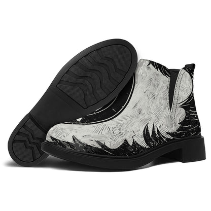 Black Demon Wolf Print Flat Ankle Boots