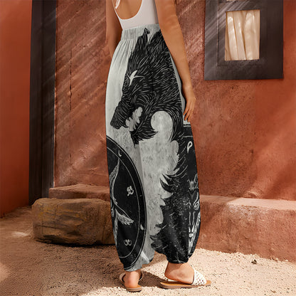 Black Demon Wolf Print Harem Pants