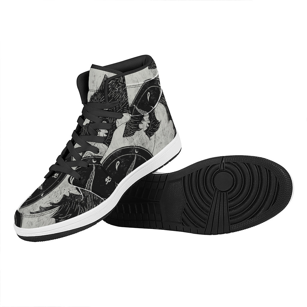 Black Demon Wolf Print High Top Leather Sneakers