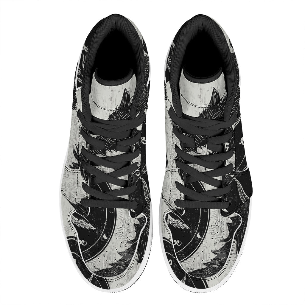 Black Demon Wolf Print High Top Leather Sneakers