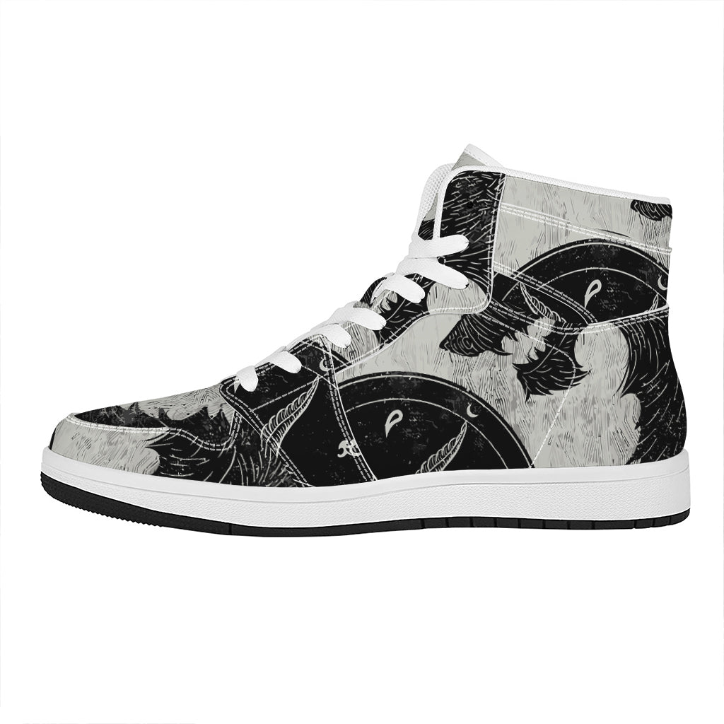 Black Demon Wolf Print High Top Leather Sneakers