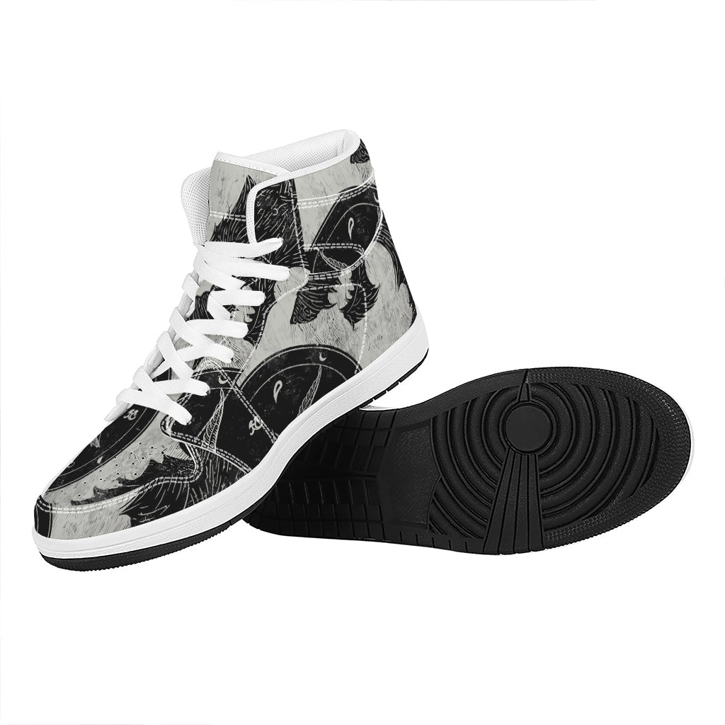 Black Demon Wolf Print High Top Leather Sneakers