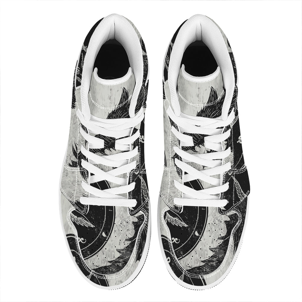 Black Demon Wolf Print High Top Leather Sneakers