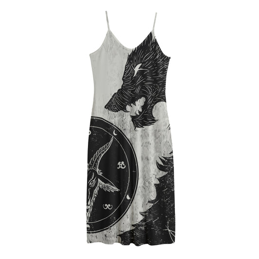 Black Demon Wolf Print Jersey Midi Cami Dress