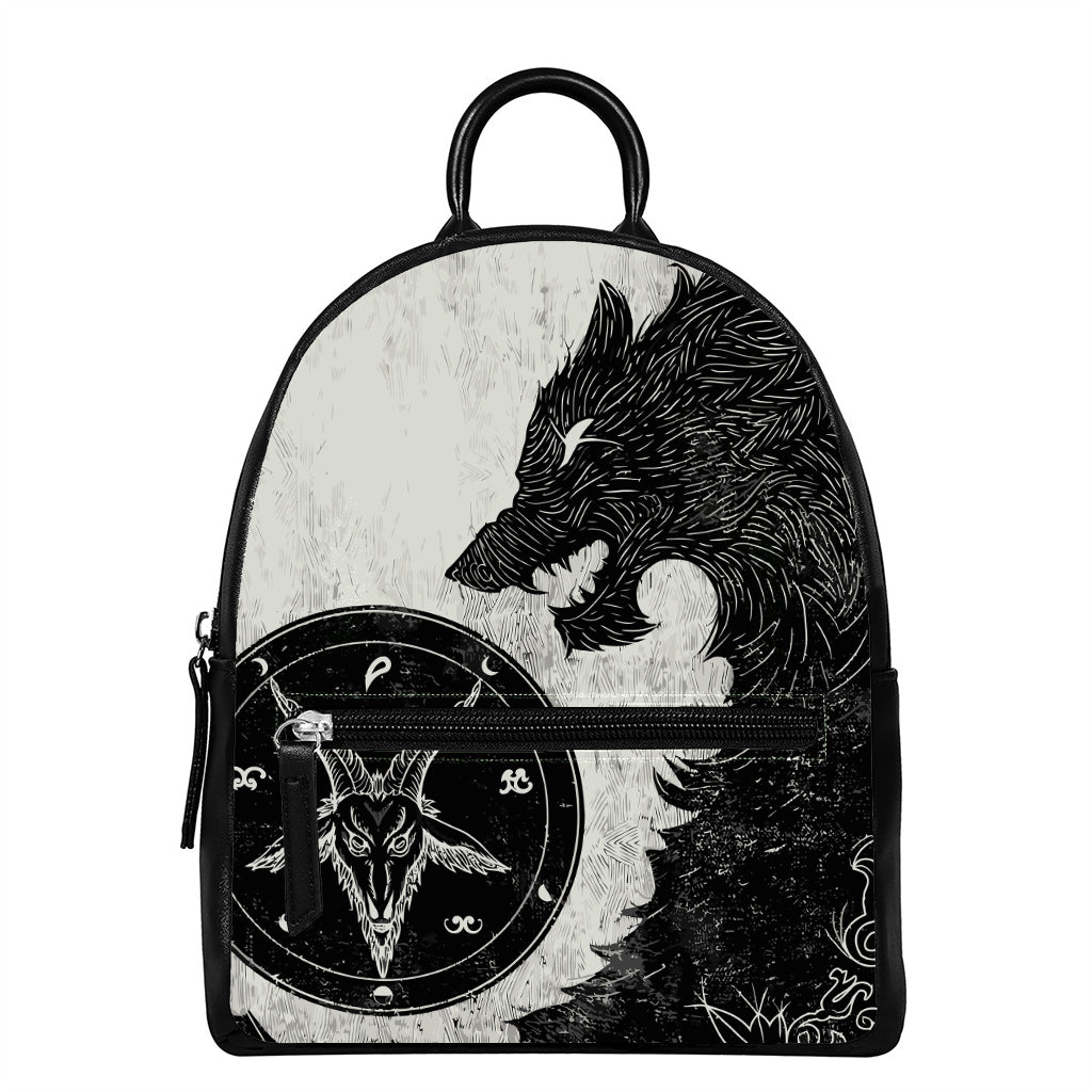 Black Demon Wolf Print Leather Backpack