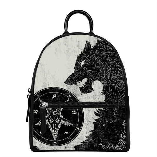 Black Demon Wolf Print Leather Backpack