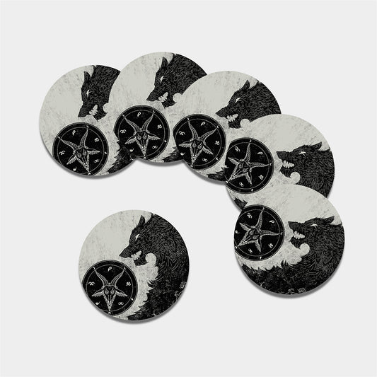 Black Demon Wolf Print Leather Coaster Set