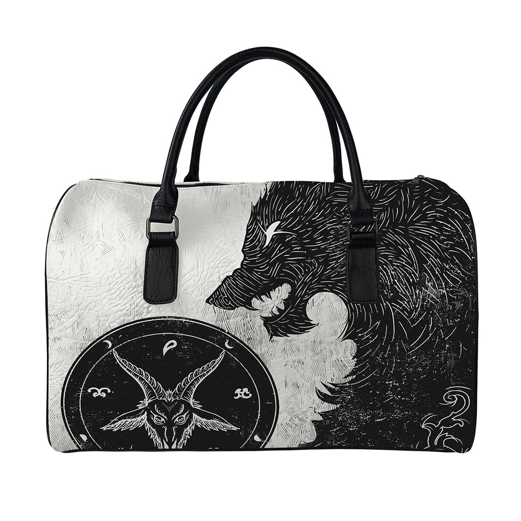 Black Demon Wolf Print Leather Duffle Bag