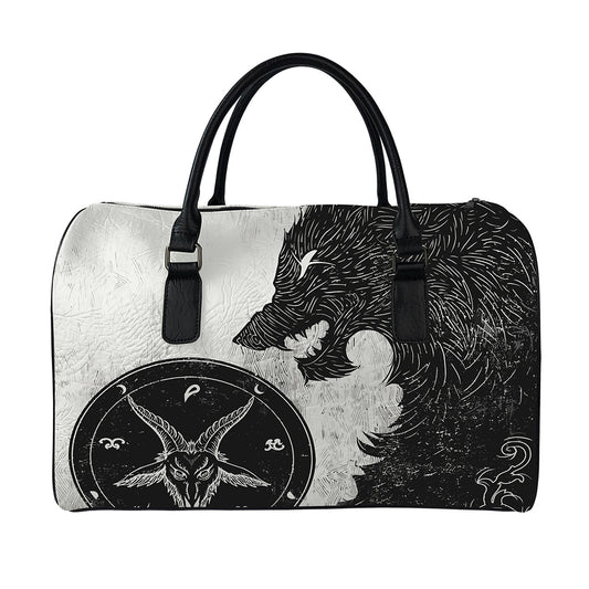 Black Demon Wolf Print Leather Duffle Bag