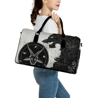 Black Demon Wolf Print Leather Duffle Bag