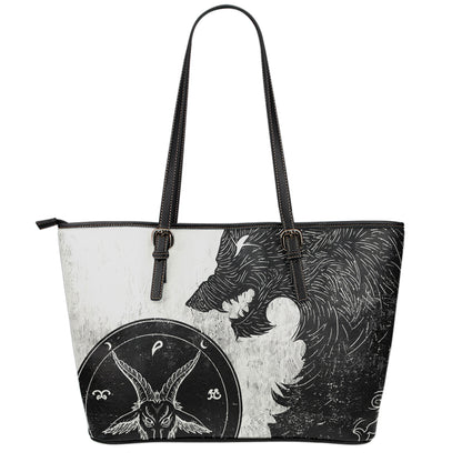 Black Demon Wolf Print Leather Tote Bag